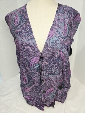 Vtg B Max Vest Blouse Silk L Purple Woman Retro Indie Boho Casual Paysley Grunge
